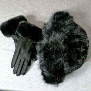 NEW elegant black velvety faux fur cuff gloves and bucket style hat